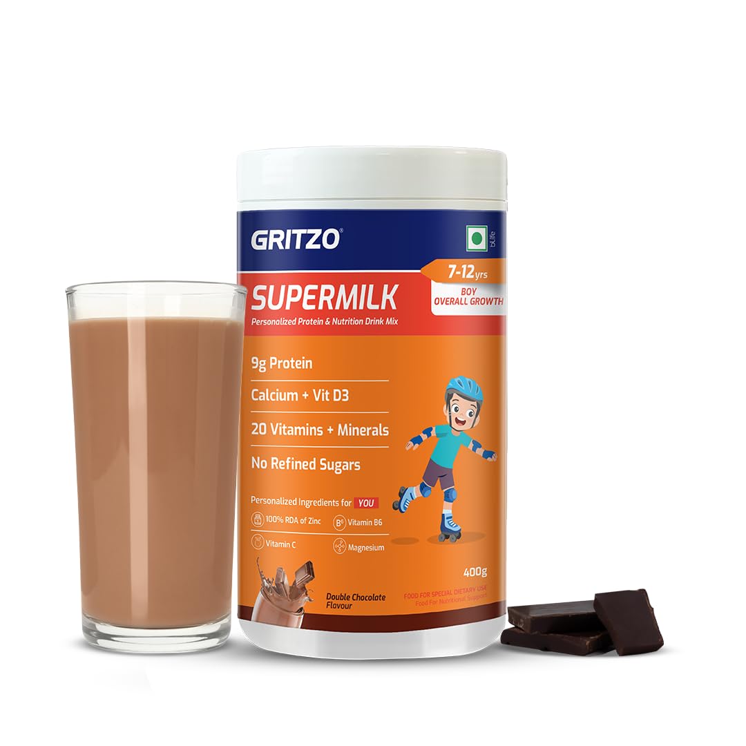 Gritzo SuperMilk Overall Growth (7-12y Boys), 9g Protein Powder (Double Chocolate, 400g) | Zero Refined Sugar, 21 Vitamins & Minerals