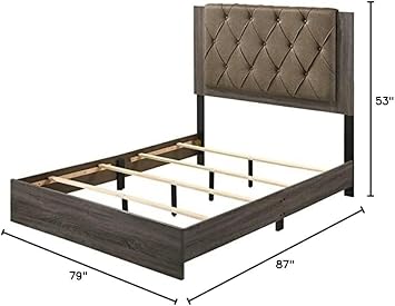 BOWERY HILL Eastern King Bed, Fabric Upholstered Diamond Tufted Headboard, Wood Frame, Rustic Gray Oak Finish, 87 L x 79 W x 53 H, Transitional Style Bedroom Furniture
