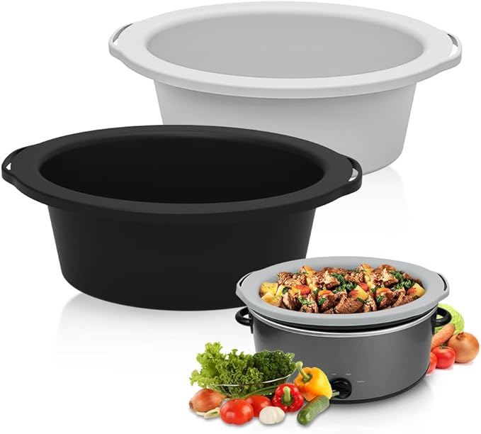 ChefAid Slow Cooker Liners, 100% Silicone Reusable Crock Pot Insert Accessories for 6-8 Oval or Round Quart Slow Cookers, Food Safe & Dishwasher Safe (Black-Grey)