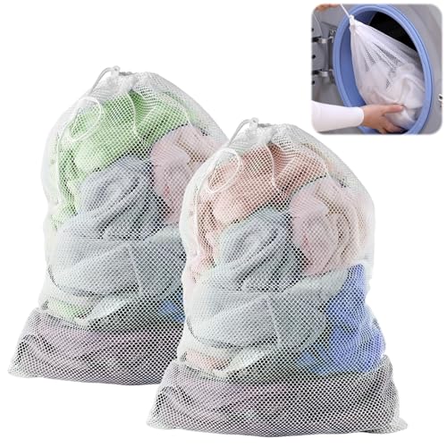 2 Pièces Filet Machine a Laver 60x90cm, Réutilisable et Ddurable, Grand Filet à Linge avec Fermeture Par Cordon, Sac de Lavage pour EmpêChe les Vêtements, Manteaux,...