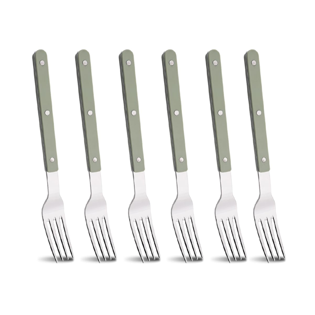 BRIIEC 6 Pieces Stainless Steel Dessert Forks Set Salad Fork, Green Acrylic Handle Silverware Set Retro Rivet Design, Mirror Polished, Dishwasher Safe