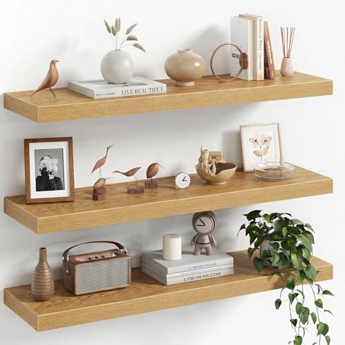 Image of Fun Memories 30Inch Floating Shelves for Wall, 8 Inch Deep Shelves for Bathroom|Bedroom|Kitchen Wall Mounted, Wood Hanging Shelf with Invisible Brackets for Home Storage Decor, Oak - 3 Pack