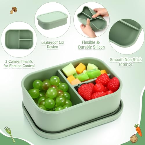 Image of Honeydak 4 Pcs Silicone Bento Box, 3 Compartment Lunch Food Container for Women Men, Leak Proof Microwave Easy to Clean Dishwasher Freezer Safe (Olive Green)