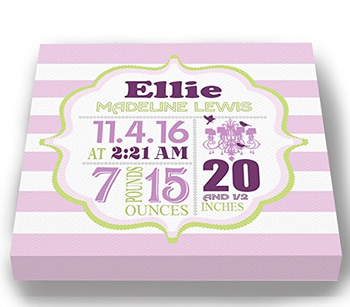 Personalized Stretched Canvas Birth Announcement Gift, Custom Baby Name, Date, Weight Stats, Newborn Chandelier Nursery Wall Art Decor, Wooden Frame Construction, Ready to Hang 16X16
