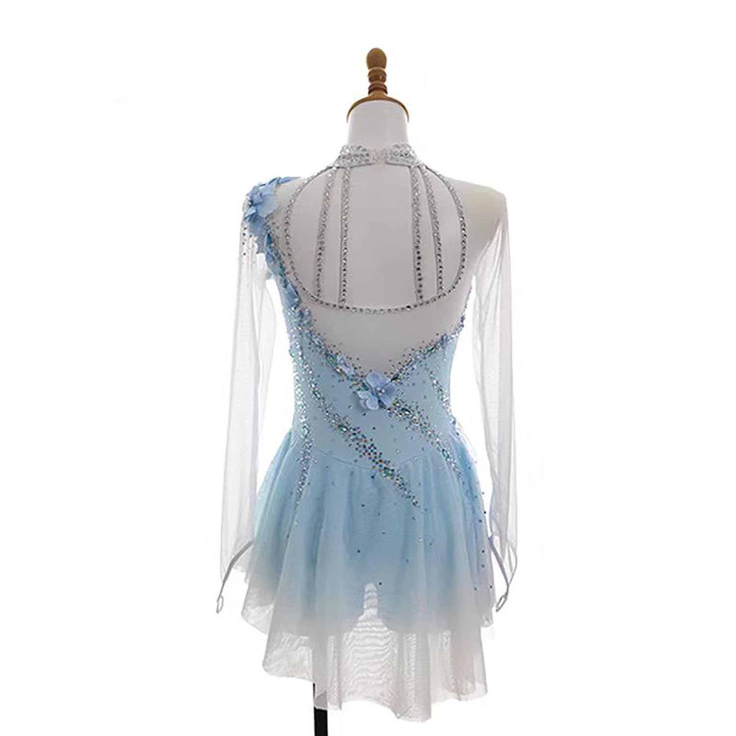 Vestito da Pattinaggio su Ghiaccio da Donna Azzurro Cielo Alta Elasticità Allenamento con Strass Maniche Lunghe Competizione