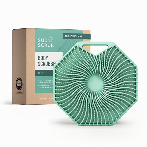 Image of Sud Scrub Antimicrobial Silicone Body Scrubber, Exfoliating Body Scrubber for Sensitive Skin, Eco Friendly Shower Scrubber for Body, Silicone Body Brush for Showering, Lathers Well, Mint