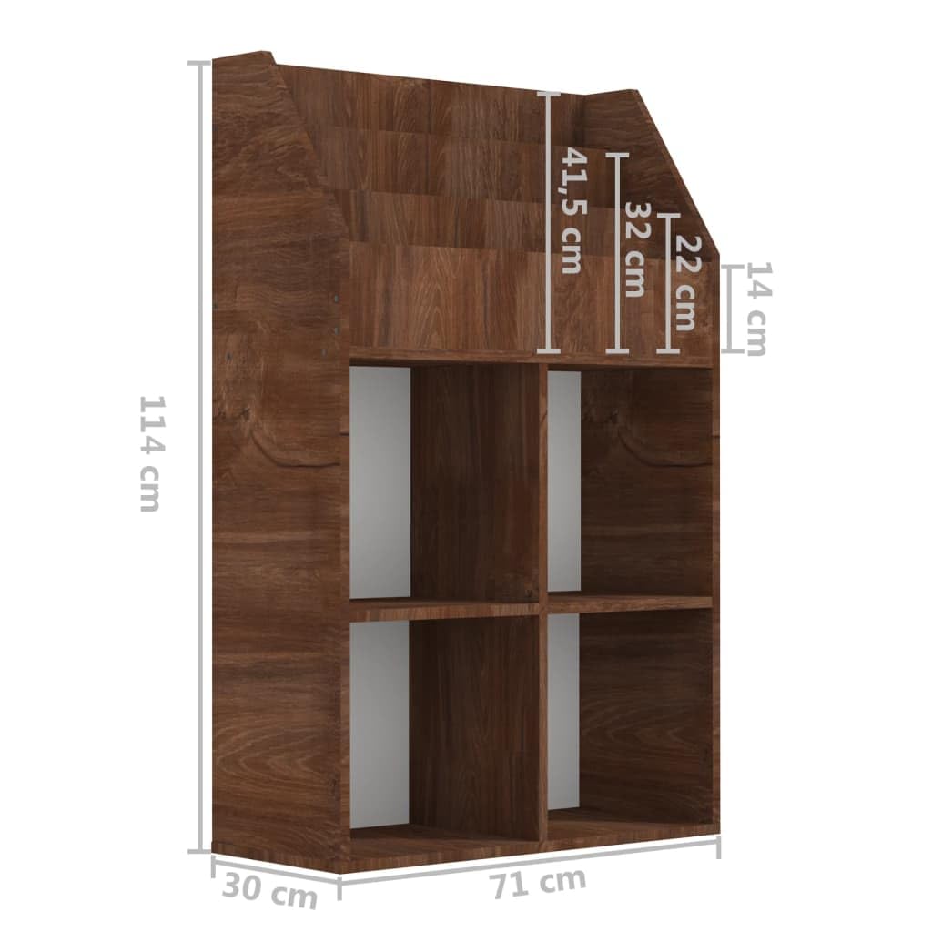 Stojak na czasopisma drewno inżynieryjne Dąb brązowy 71x30x114 cm | 3 przegródki na książki, 4 otwarte półki, do przechowywania sypialni, biura, wejścia, do montażu na ścianie w zestawie