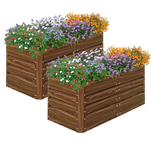 SnugNiture 2 Pcs 4x2x2FT Raised Garden Bed Galvanized Planter Garden Boxes Outdoor, Deep Root Planter Raised Bed for Vegetables Flowers Herbs,Brown Brown 4*2*2 FT(2PCS)
