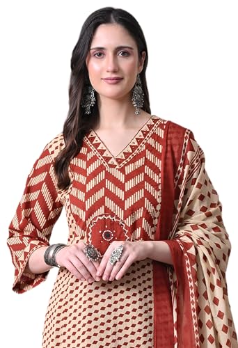 Image of MEERA FAB Women's Cotton Straight Kurta Set, Floral Print with Yoke, with Dupatta and Pants