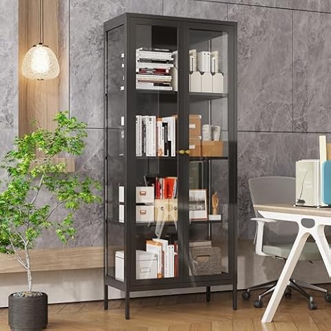 UNICOLY Display Cabinet with Glass Doors, Glass Display Cabinet 4-Tier,Curio Display Cabinet with Tempered Glass Doors,Metal Storage Cabinet for Bedroom, Living Room,Dining Room.Black Cover