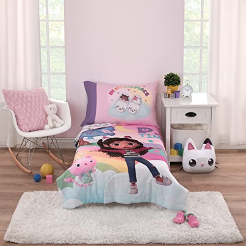Image of NoJo DreamWorks Gabby's Dollhouse Dream It Up Multi-Colored Rainbow PJ Time 4 Piece Toddler Bed Set - Comforter, Fitted Bottom Sheet, Flat Top Sheet and Reversible Pillowcase