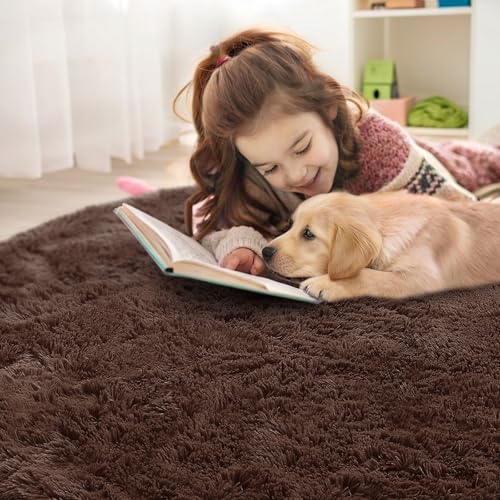OLANLY Coffee Round Rugs for Bedroom - Machine Washable, 8 ft Circle Area Rugs for Living Room, Soft and Fluffy Shaggy Carpet for Teen Girls and Boys, Nursery Rooms, Dorms, Home Decor Aesthetic
