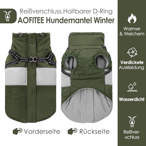 AOFITEE Hundejacke Große Hunde, Wasserdicht Winter Hundemantel mit Geschirr für große Hunde, Warme Hundemantel Hunter Fleece Wintermäntel Hundekleidung Schneeanzug für Französische Bulldogge, Grün L
