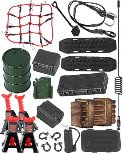 hopsupRC Accessories Simulation Decoration for 1/18 1/24 TRX4M SCX24 RC Crawler Hydraulic Jack/Oil Drum/Tow Rope/Recovery Board/Wooden Box/Antennas/Mini Luggage/Fire ExtinguisherNet/Toolbox Black