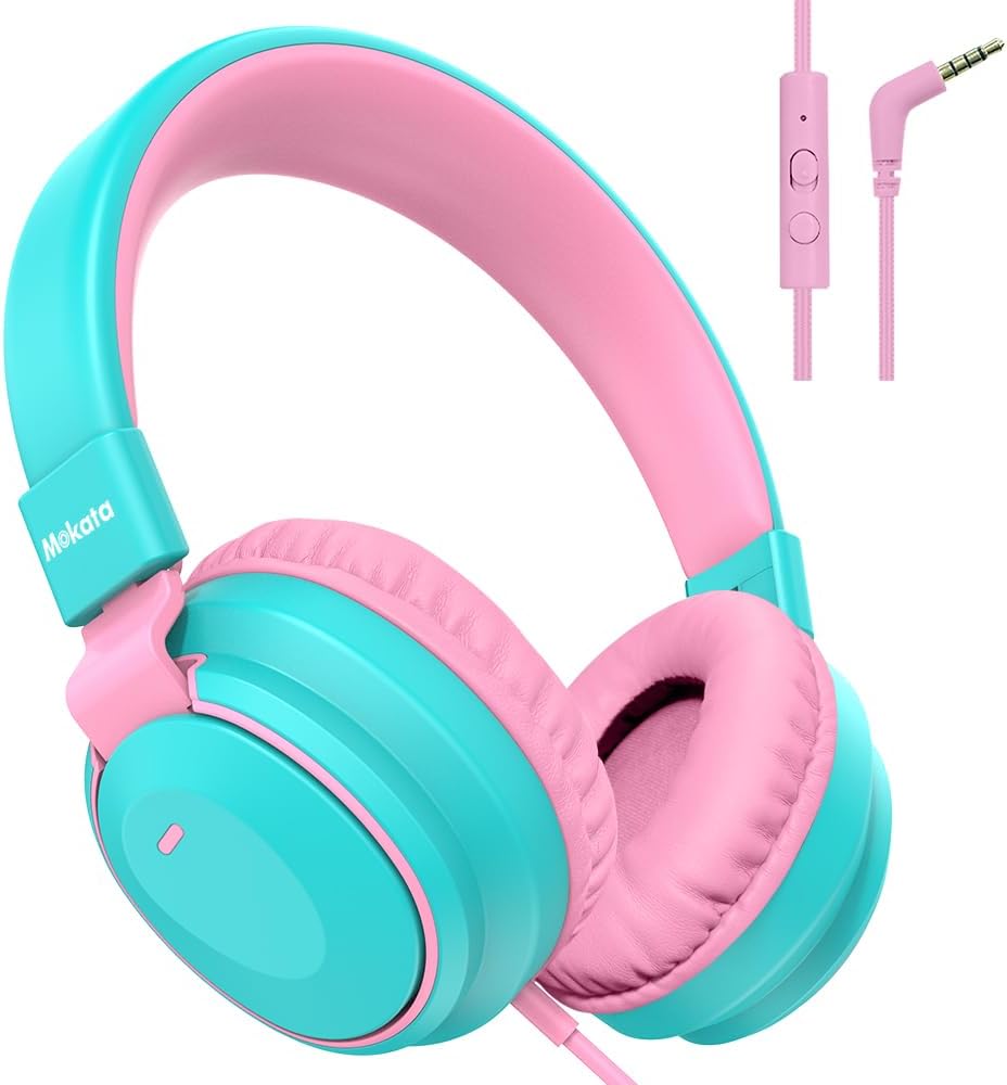 Headphone Kids Volume Limited 85/94dB Wired Over-Ear/On-Earr Foldable Headset with Inline Cable Aux 3.5mm Cord Mic for Toddler Boy Girl Child Back to School Study Pad Tablet Cyan
