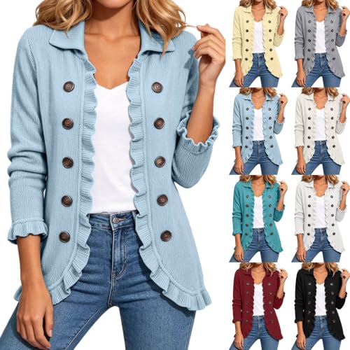 GOSEAGOTOFUN Womens Cardigan Sweaters Casual Ruffle Trim Lapel Neck Sweater Long Sleeve Open Front Knit Cardigan Fall Outfit Blue Small - image 1