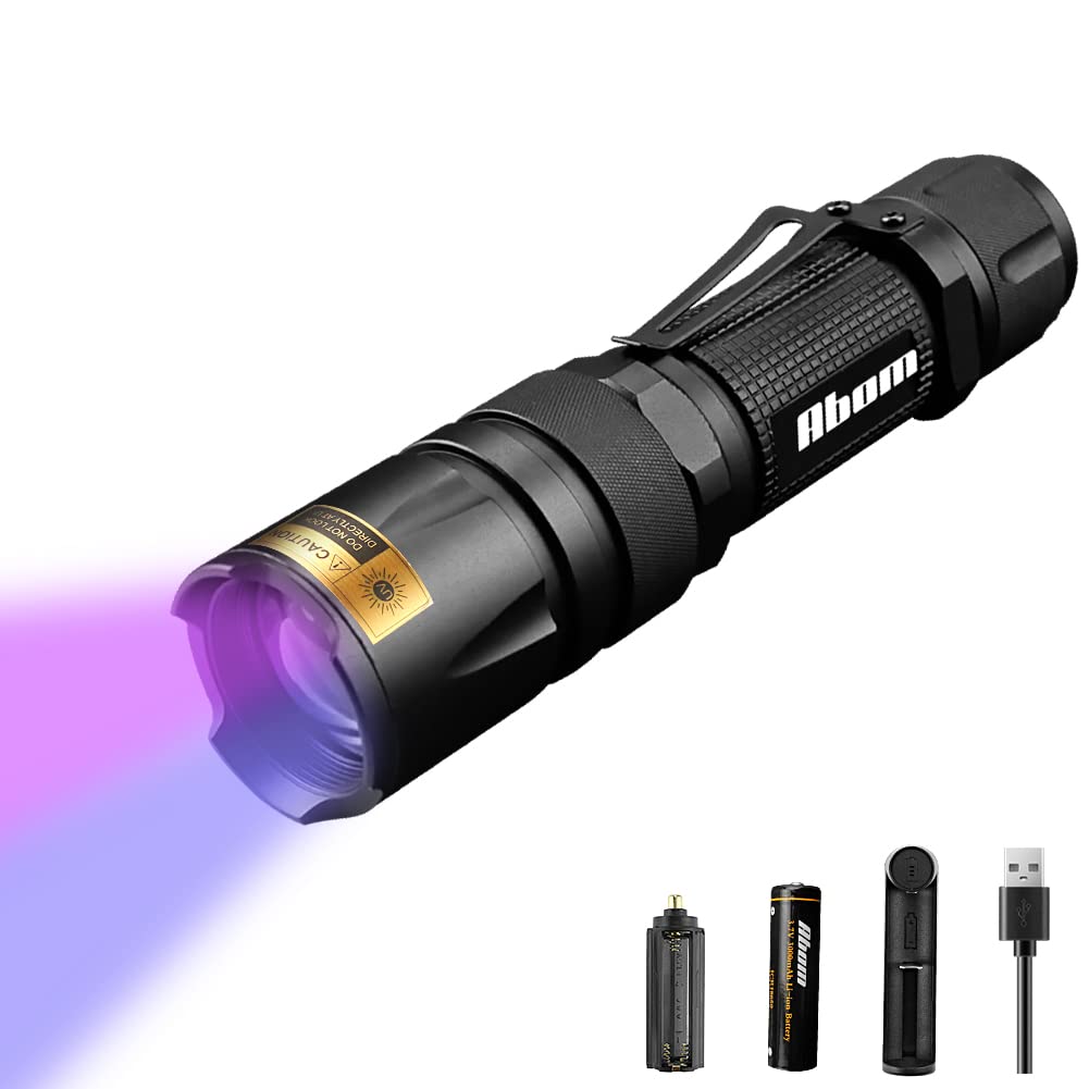 Abom UV Flashlight Rechargeable, 365nm & 395nm Black Light Wood's Lamp, Powerful Blacklight Flashlight LED Portable Handheld Torch with Battery, Charger, Detector for Dog Urine Pet Stain, Scorpion