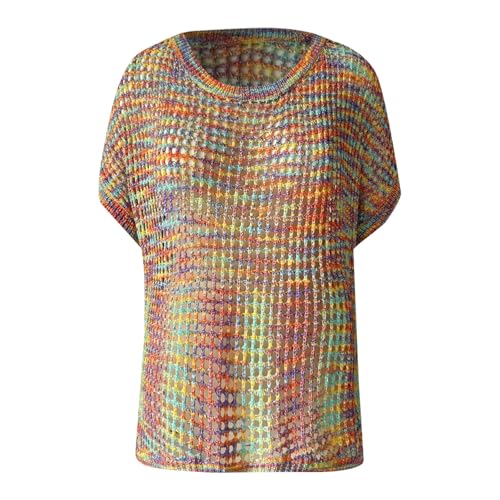 YOSUWOAI Top de ganchillo para mujer para el verano de punto para la playa, traje de baño, parte superior de manga corta, camiseta de ganchillo, estilo bohemio, hippie, hollow out, jersey de punto