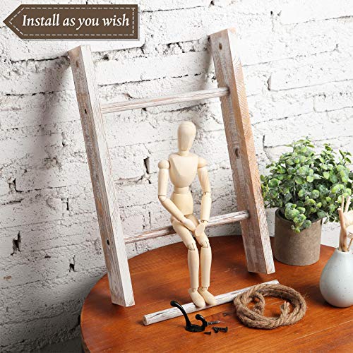 Patelai 3-Tier Mini Wall-Hanging Hand Towel Ladder with Rope Decorative Wooden Bathroom Towel Rack Ladder and Hook for Farmhouse Room Decor (Wood Color, White)