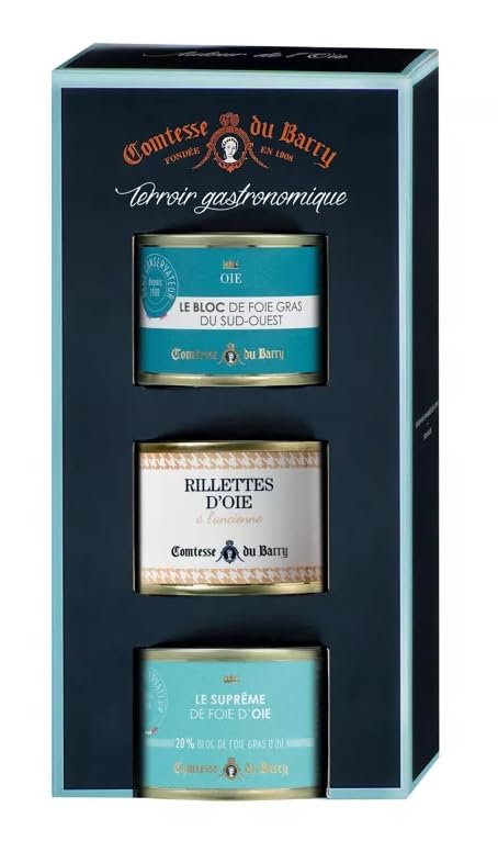 Comtesse du Barry - FOIE GRAS du Sud Ouest (Géographique Protégée IGP) - Gastronomic region Goose Set - 2.29oz / 65gr (set of 3 tins) * Goose discovery assortment: Block of goose foie gras from the South-West 65gr * Old fashioned goose rillettes 70gr * Goose liver supreme (20% block of goose foie gras) 65gr