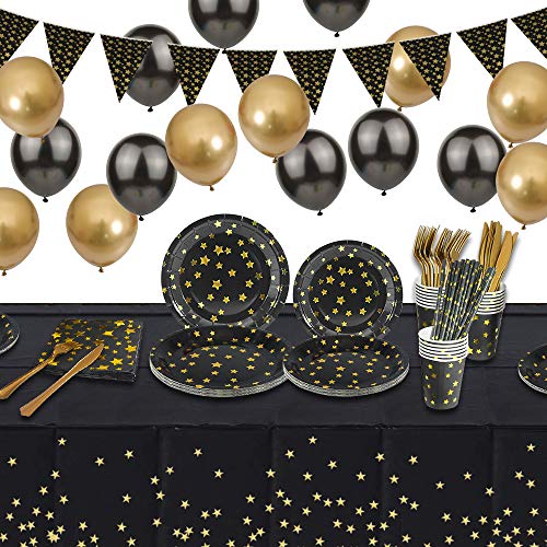 specool Set de suministros para fiestas, Vajilla de fiesta negra y dorada, Platos de papel Tazas Servilletas Tenedores Cuchillos Pajitas Globos Cubierta de mesa Banner para Navidad, cumpleaños