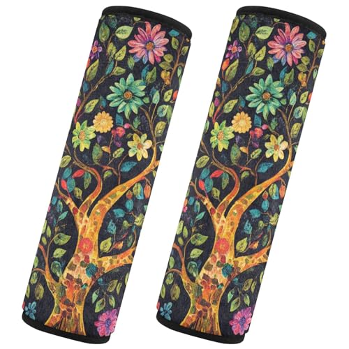 Image of Tree Of Life Floral Leaves Black Seat Belt Cover Pad 2 Pcs Soft Cute Seatbelt Covers Protector Support Head Neck Shoulder Strap for Car Seats High Chair Backpack for Adults Kids Women Men 10x7.