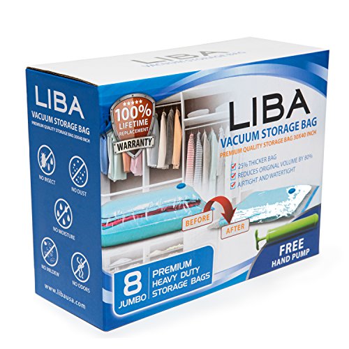 LiBa Space Saver Vacuum Storage Bags (Pack of 8) with Free Hand Pump - for Clothes Blankets Duvets Comforters Pillows Travels, Works with Any Vacuum Cleaner, Save Space by 80% (1, Jumbo)