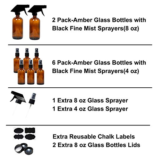 Set 8 Botellas de vidrio ámbar para spray, 2 de 8 oz y 6 de 4 oz miniatura 2
