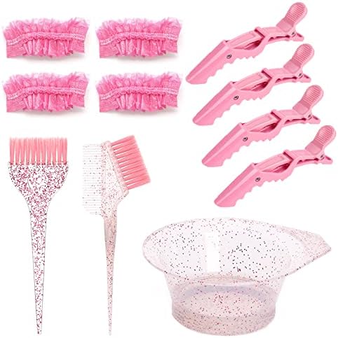 Wsimily 11Pcs Hair Dye Coloring Kit, Hair Dye Bowl and Brush Kit Professional Hair Color Mixing Bleaching DIY Salon Tools, Mixing Bowl, Dye Color Brush, Hair Clips, Earmuffs (Pink)