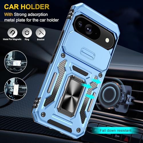 Image of Polycarbonate Slide Camera Cover with Ring Holder Mobile Phone Back Cover for Google Pixel 9 (Blue)