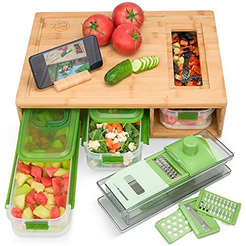 Klever Kitchen Premium Bamboo Cutting Board with Stackable Containers/Trays/Compartments, Lock-in lids, Built-in Grater. Extra Large Chopping Board Set for Food Prep and Storage