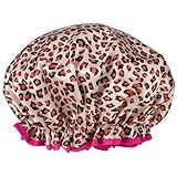 Lurrose レディースヒョウ柄シャワーキャップ バスキャップ 伸縮性トリム付き ヘア保護 入浴用ヘアバスキャップ ロングヘア対応 ファッショ