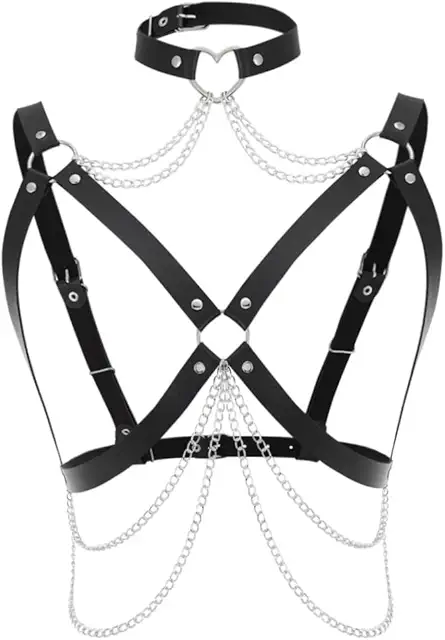 Gothic Black Leather Body Chain - Punk Rave Chest Jewelry for Women