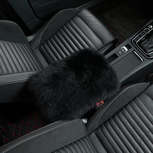 Image of IRIWOOL Sheepskin Armrest Cover Auto Center Armrest Cover Car Soft Console Pad, Fluffy Wool Auto Center Console Cover for Most Car Arm Rest Decoration Protector 9 x 14 Inch (Long Wool, Black)