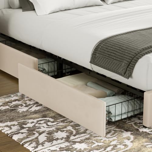 Image of VECELO Queen Size Upholstered Bed Frame with 4 Drawers and Headboard, Velvet Platform Storage Bedframe, Wooden Slats Support, No Box Spring Needed, Beige