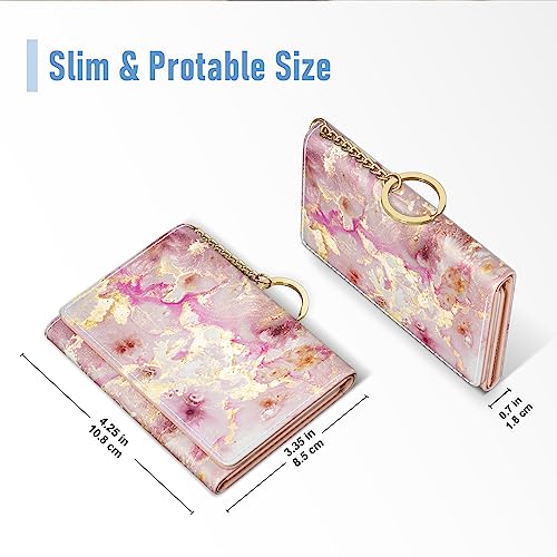 Image of Rouidr Womens Wallet, Small Slim RFID Card Wallets for Women, Cute Front Pocket Trifold Leather Card Organizer with 7 Slots & ID Window, Gold Pink Marble