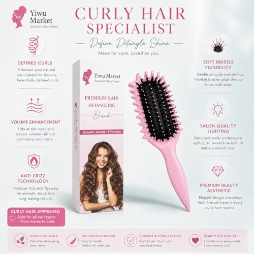 Image of Curly Curved Vented Hair Brush for Women & Men | Hollow Airflow Comb | Flexible Detangling Bristles with Comfortable Grip Handle | Blow-Dry Support & Scalp Massage Brush - Pink