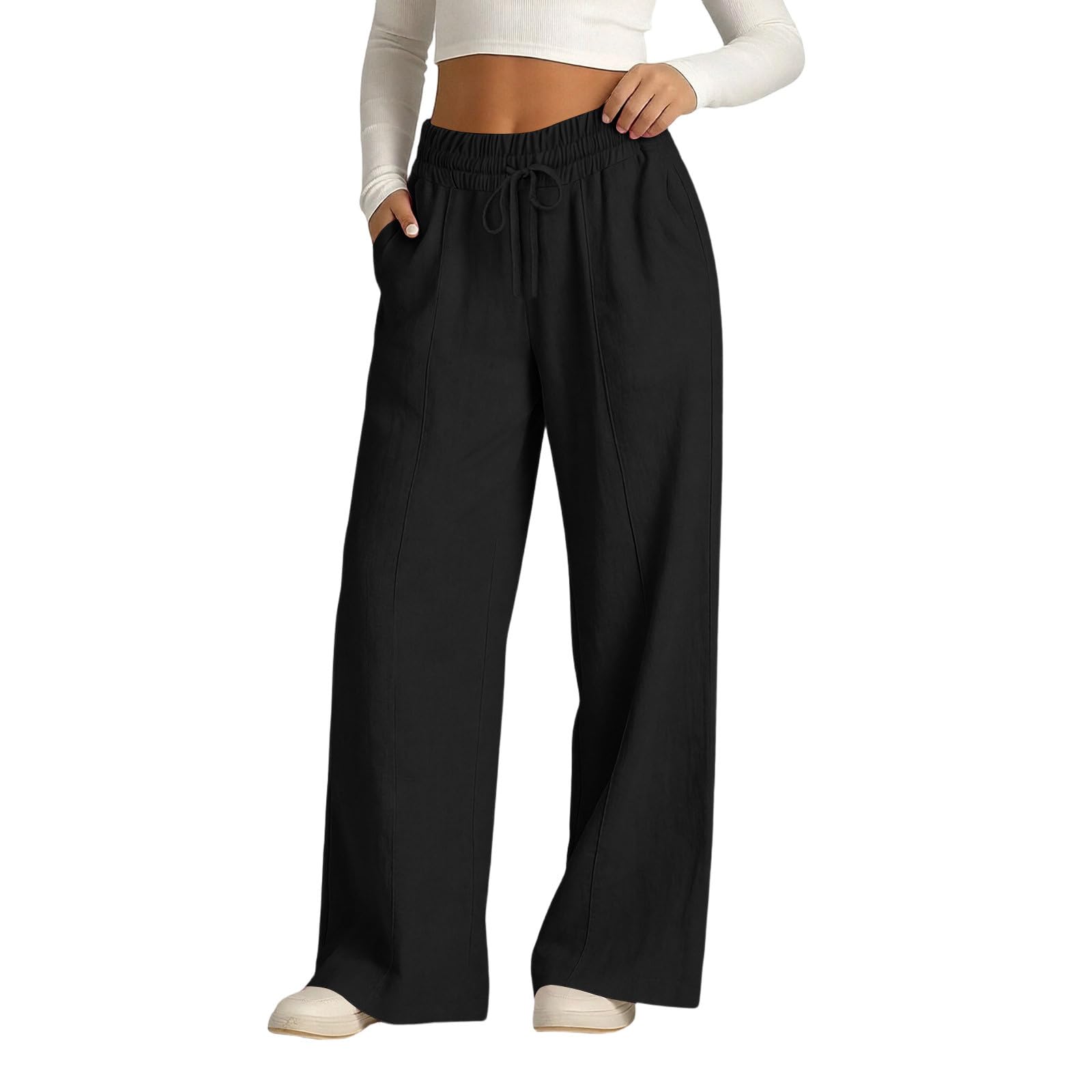 EMATOP Leinenhose Damen Lang Leicht Sommerhose Casual Musselin Hosen Elegant Baumwolle Leinen Stoffhose Einfarbig Bequem Freizeithose mit Taschen Strandhose Sommer Weite Bein Palazzo Sporthose - 5