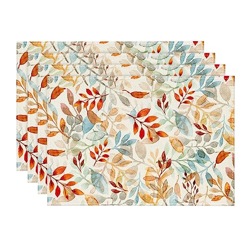 4er Set Herbst Platzsets 30x45cm - Leinen Tischsets Mit Kürbis & Ahornblättern