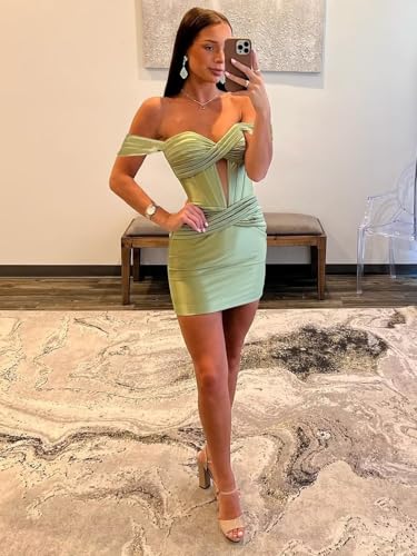 SNOWROSE Satin Homecoming Dresses for Teens 2025 Off Shoulder Short Tight Ruched HOCO Formal Cocktail Party Dress4