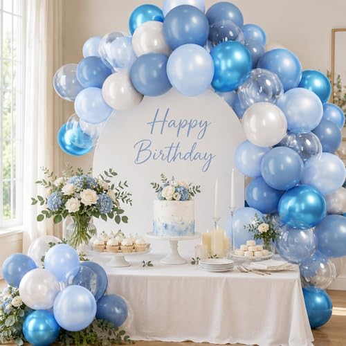Image of Blue Balloons, 60Pcs Pearl White and Blue Balloon, 12 Inch Latex Double Stuff Pearl Blue Balloons for Boy Baby Shower Birthday Party Gender Reveal Wedding Anniversary Graduation Party Decorations