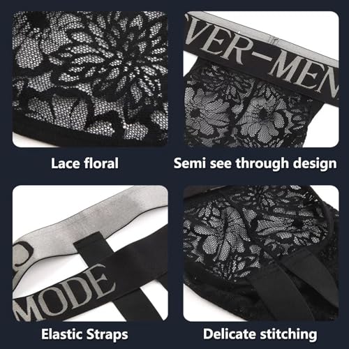 Men's Jockstrap Underwear Sexy Fashion Floral Lace Panties Brief Mens Underwear Breathable Work Out Athletic Supporter Black3