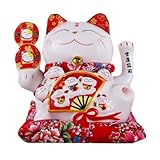 Maneki Neko Lucky Cat (gato de la suerte japonés) de cerámica blanca de 7 pulgadas, diseño de gato de la suerte, porcelana ornamentada, el mejor regalo para la apertura de negocios