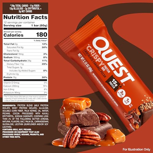Image of Quest Nutrition Crispy Chocolate Caramel Pecan Hero Protein Bar, 15g Protein, 1g Sugar, 3g Net Carb, Gluten Free Protein Snack, Keto Friendly, 4 Count
