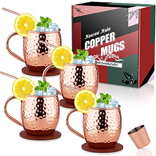 Eligara Moscow Mule Tazas Juego de 4 Taza de Cobre puro 100% Hecha a Mano, Juego de Regalo con 1...