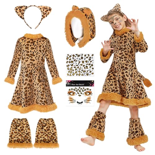YQBFB Leoparden Kostüm Kinder Mädchen: Karneval Tier Kleid mit Ohren Hut Schwanz - Katzen Tierkostüm für Mädchen Fasching Cosplay Halloween Party (Leoparden M(5-8 Jahre))