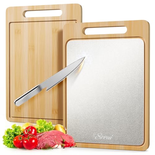 Tabla de Cortar Reversible de Bambú y Acero Inoxidable para Cocina, con Ranura para Jugos y Mango, Ideal para Carnes y Verduras miniatura 1