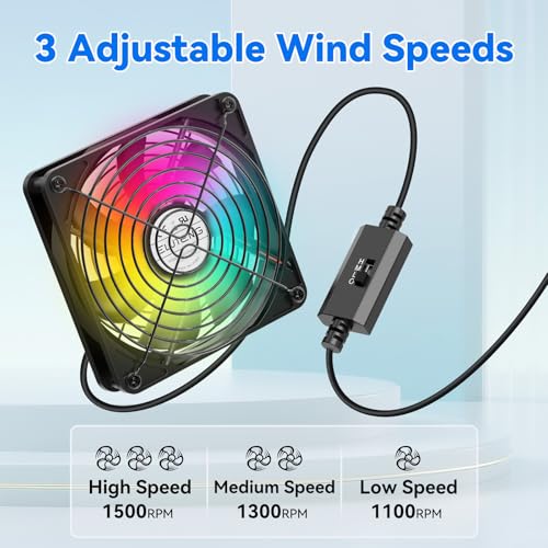Image of ELUTENG USB Computer Cooling Fan with 7 Color RGB Lighting, 3 Speed Controller 1100 /1300 /1500 RPM Small Exhaust Fan High Airflow Cooling Fan for Router Modem Receiver DVR PlayStation Xbox TV Box
