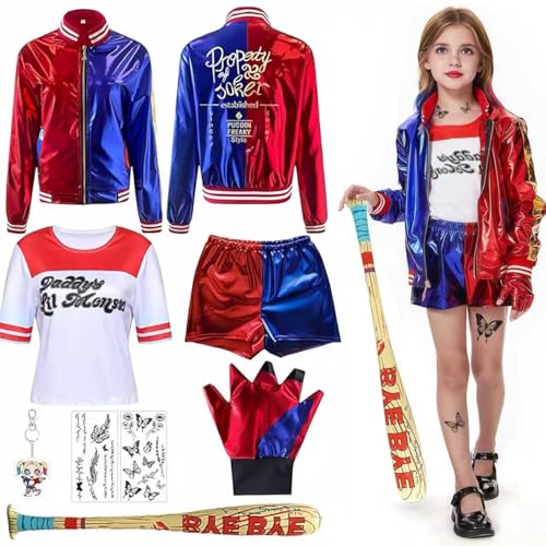 Quinn Disfraz de mujer Quinn, disfraz de cosplay para adultos, niñas, villano, kit incluye chaqueta, camiseta, pantalones cortos, guantes y bordado de globo, disfraz de Quinn para Halloween, carnaval