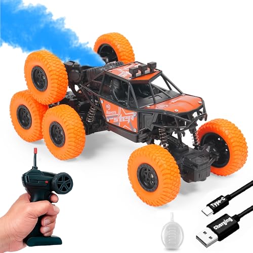 Image of Gooyo GY-104SP Hi-Speed Rechargeable Remote Control Rock Crawler Car with Smoke | 8 Tyres Monster Truck with Spray | 4x4 Off-Road RC Car Toy | Orange | in-Built Battery | Gift Box Packaging